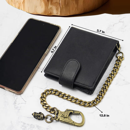 Ahiller Chain Wallet for Men Crazy Horse Bifold Leather Wallet with Chain, Anti-Theft Mens Wallets with Gift Box,Zippered Bill Compartment,ID Window, Card Slots-Black