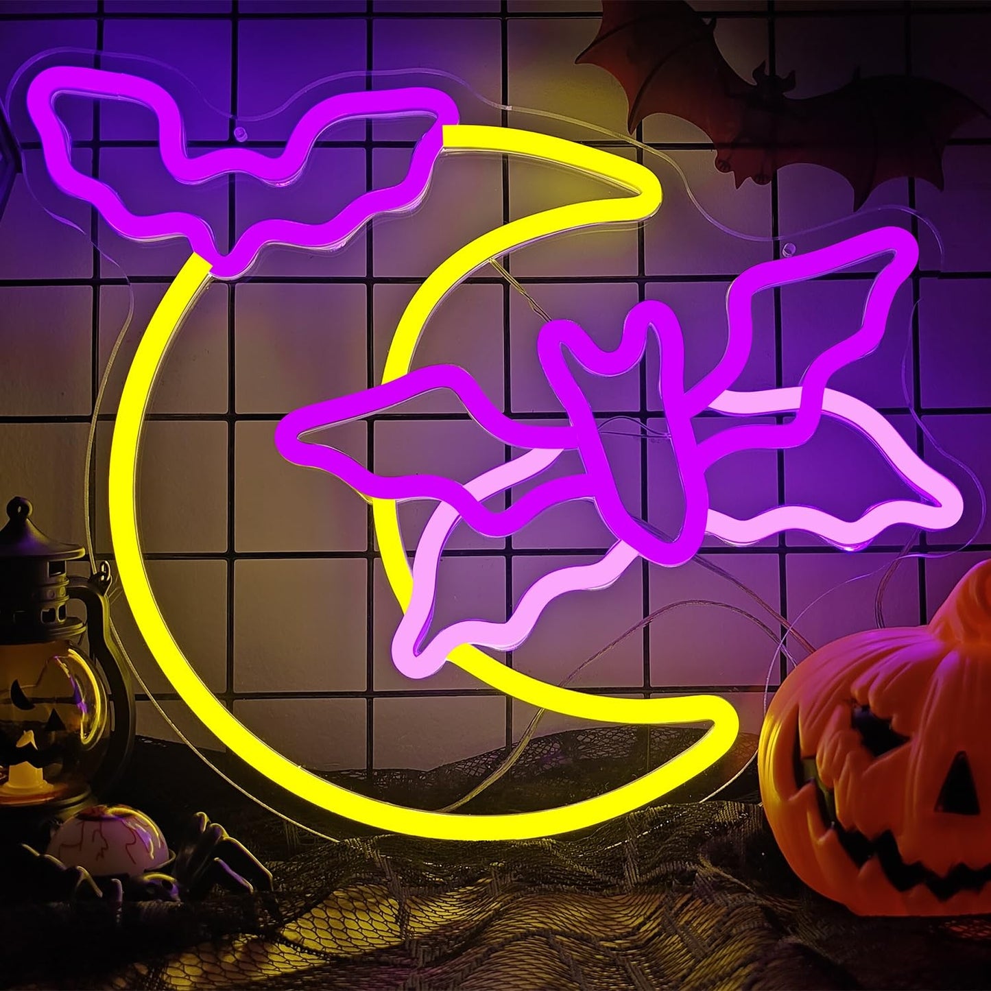 Halloween Neon Sign Moon Flying Neon Bat Sign Led Halloween Decorations Halloween Flying Bat Lights Halloween Led Sign Gothic Neon Sign for Halloween Party Wall Decor Window