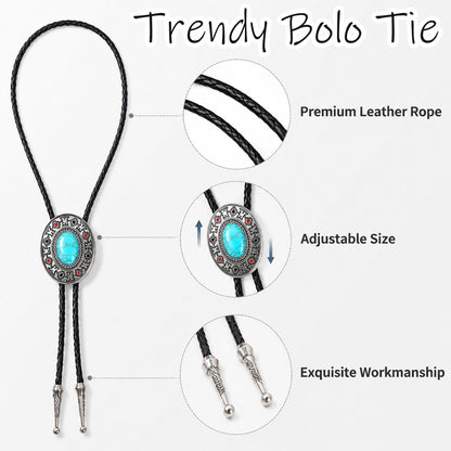 Suohheh 5 Pcs Bolo Tie for Men Women, Handmade Leather Adjustable Western Cowboy Necktie With Natural Tiger Eye Turquoise Black Agate Stone, Vintage Bolo Necklace Halloween Costume Accessories