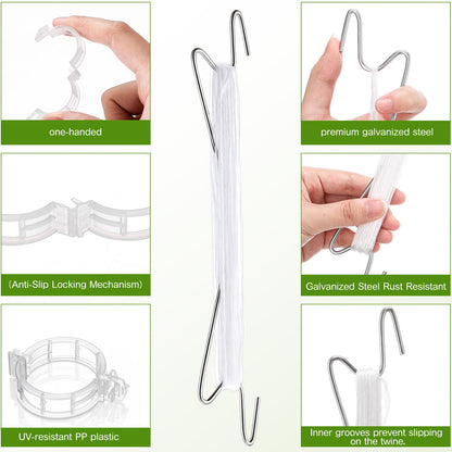 Hushee 100 Pack Tomato Hooks with 200 Garden Clips & 32.8ft String, Tomato Hooks for Climbing Plants, Heavy Duty Plant Support Kit for Greenhouse, Vegetable Plant Fruit Flower