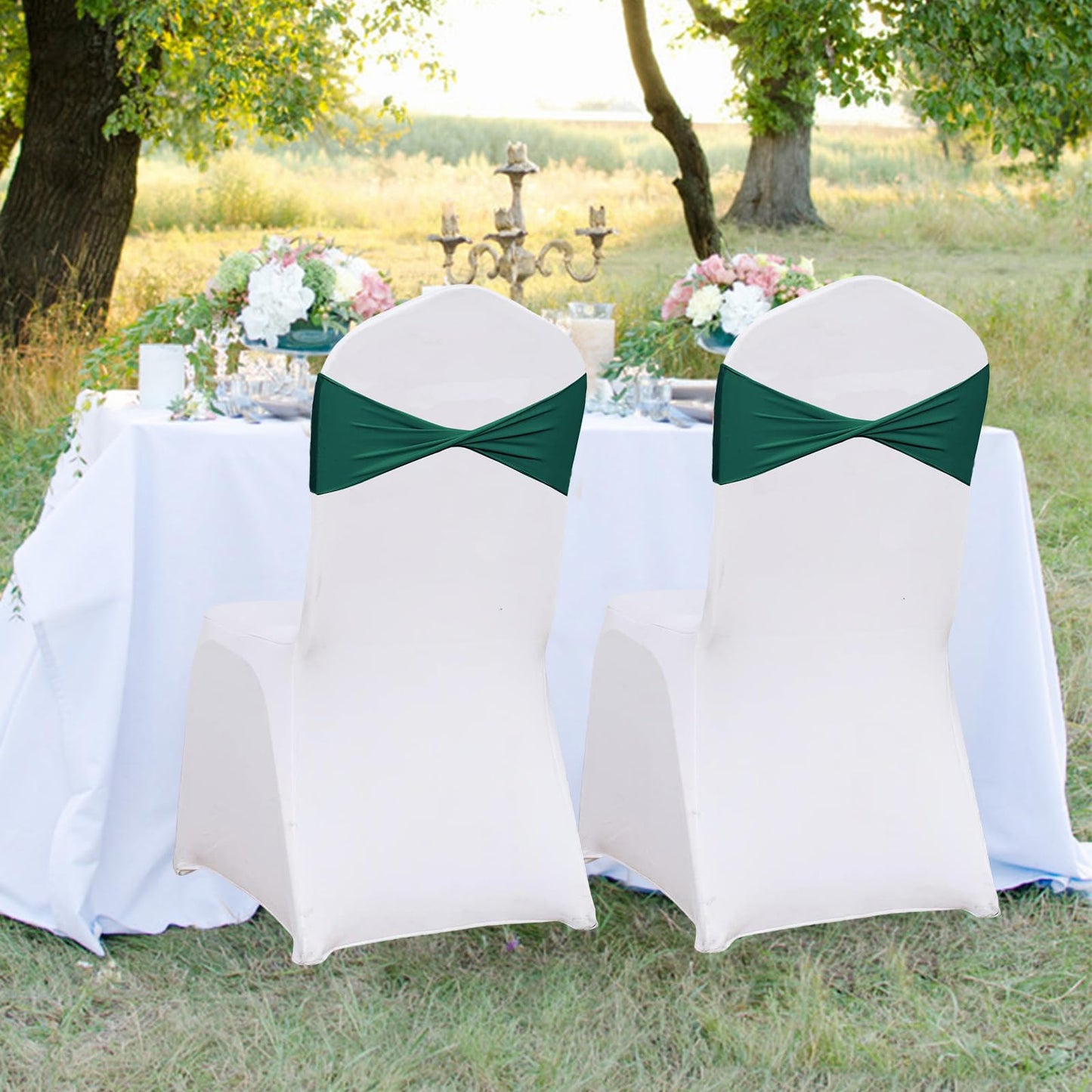 WYFMYD Spandex Emerald Green Chair Sashes 50 Pcs Dark Green Sashes Bows Elastic Chair Cover Bands Ties Without Buckle for Wedding Party Events Ceremony Birthday