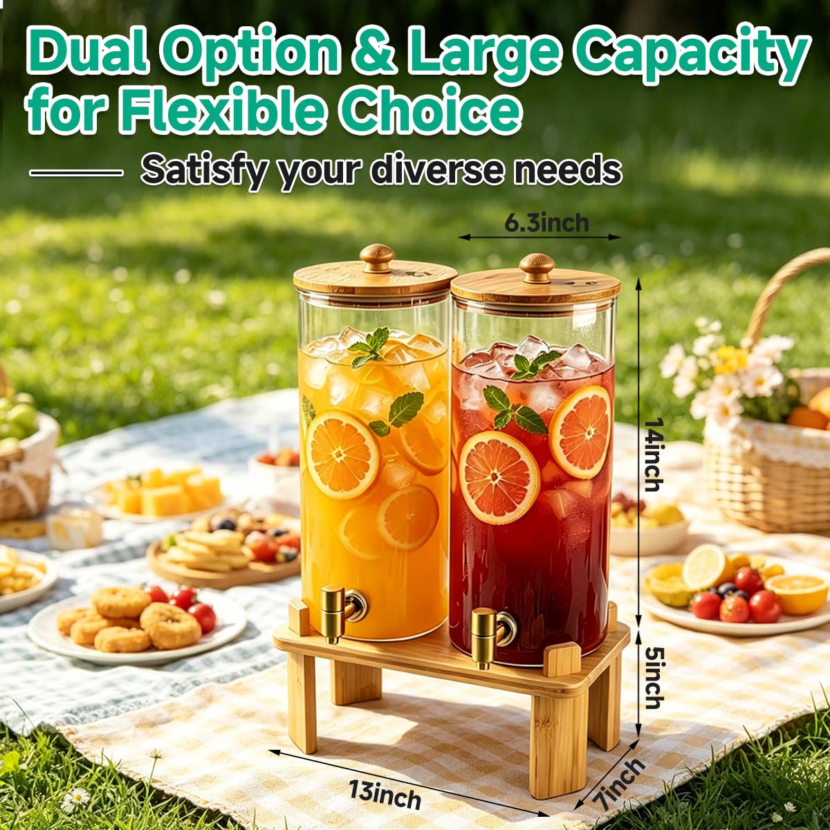 2 Gallon 2 PCS (4 gallon) Beverage Dispenser With Bamboo Wood Stand,Large Glass Drink Dispenser for Parties,Large Water Dispensers with Spigot,Juice Containers & Water Pitcher,Lemonade Dispenser