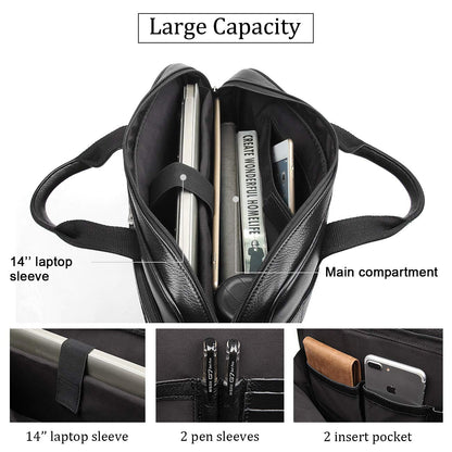 Augus Genuine Leather Messenger Bag for Men Vintage Travel Backpack 14 inch laptop Briefcase Shoulder Bags Black With YKK Metal Zipper