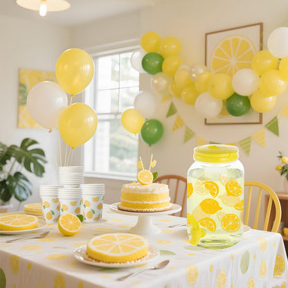Lemon Plastic Drink Dispenser and 50 Pcs Lemon Paper Party Cups 1 Gallon Iced Beverage Dispenser Tea Jar with Spigot and Carrying Lid Clear Dispenser for Lemonade Stand Lemon Juice Tea Beer