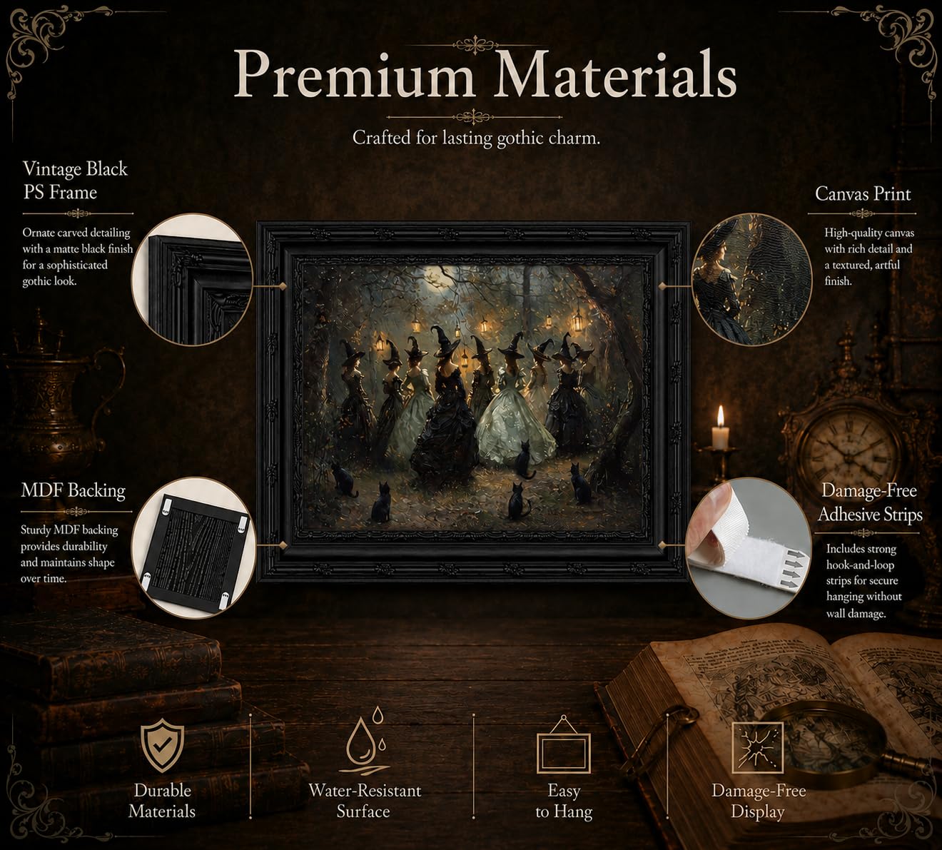 Framed Halloween Witch Wall Art, Moonlit Forest Witch Gathering Painting, Dark Academia Witchy Canvas Print, Black Ornate Framed Artwork with Black Cats. Ready to hang, 9x11in