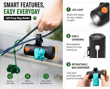 Dog Poop Bag Holder with Rechargeable LED Flashlight – Quick-Silicone Finger Grip Bag Opener, Hands-Free Dispenser with Silicone & Velcro Straps & Hand Strap – Fits Any Leash for Easy Dog Walking
