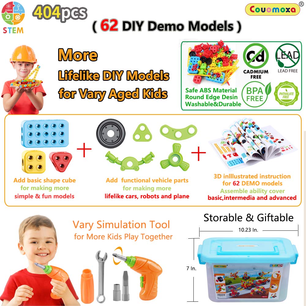 COUOMOXA 404 Pcs Building Toys STEM for Kids: 62 DIY Demo Models Construction Creative Set - Educational Toy for 5 6 7 8 9 10+ Years Old Kids Home School - Birthday Gift for Boys Girls