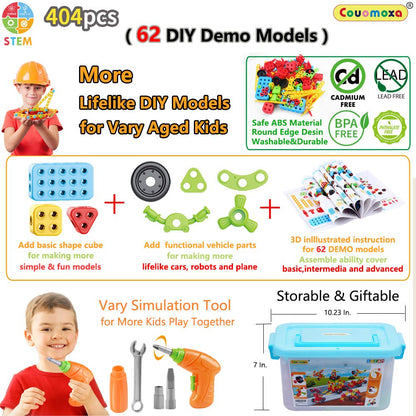 COUOMOXA 404 Pcs Building Toys STEM for Kids: 62 DIY Demo Models Construction Creative Set - Educational Toy for 5 6 7 8 9 10+ Years Old Kids Home School - Birthday Gift for Boys Girls