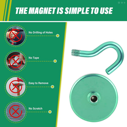 Neosmuk Magnetic Hooks Heavy Duty, Strong Magnet with Hook for Fridge, Super Neodymium Extra Strength Industrial Hooks for Hanging, Magnetic Hanger for Toolbox, Cruise, Grill(Green,4 Pack)