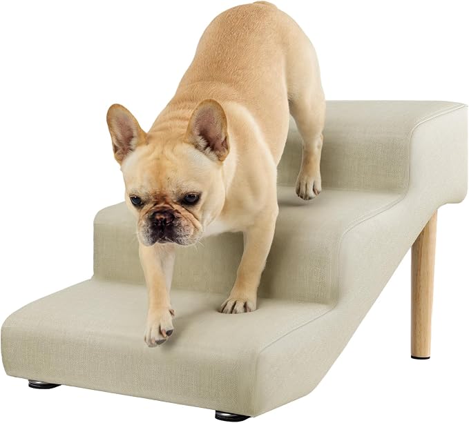 3-Step 15.7" H Dog Stairs for Bed Couch, Waterproof & Scratch PU Leather Pet Steps for Small Dogs and Cats, Dog Ramp with 220 lbs Maximum, Oak Leg & Solid Wood, Non-Slip Feet,Cream