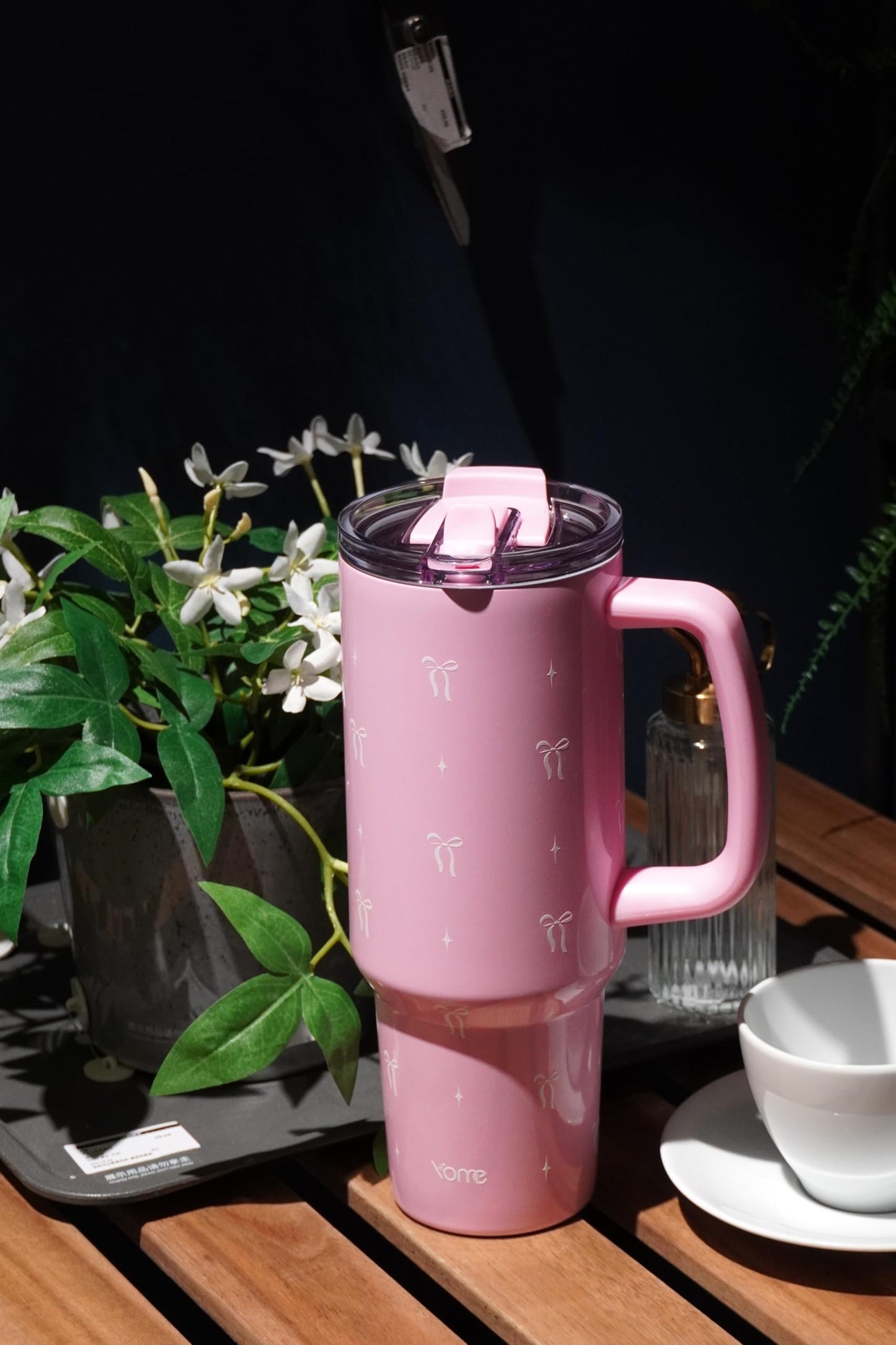 YOME 40 oz Bow Pink Tumbler with Handle and Flip Straw for Women | Stainless Steel Insulated Water Bottle | Keeps Drinks Cold | Dishwa