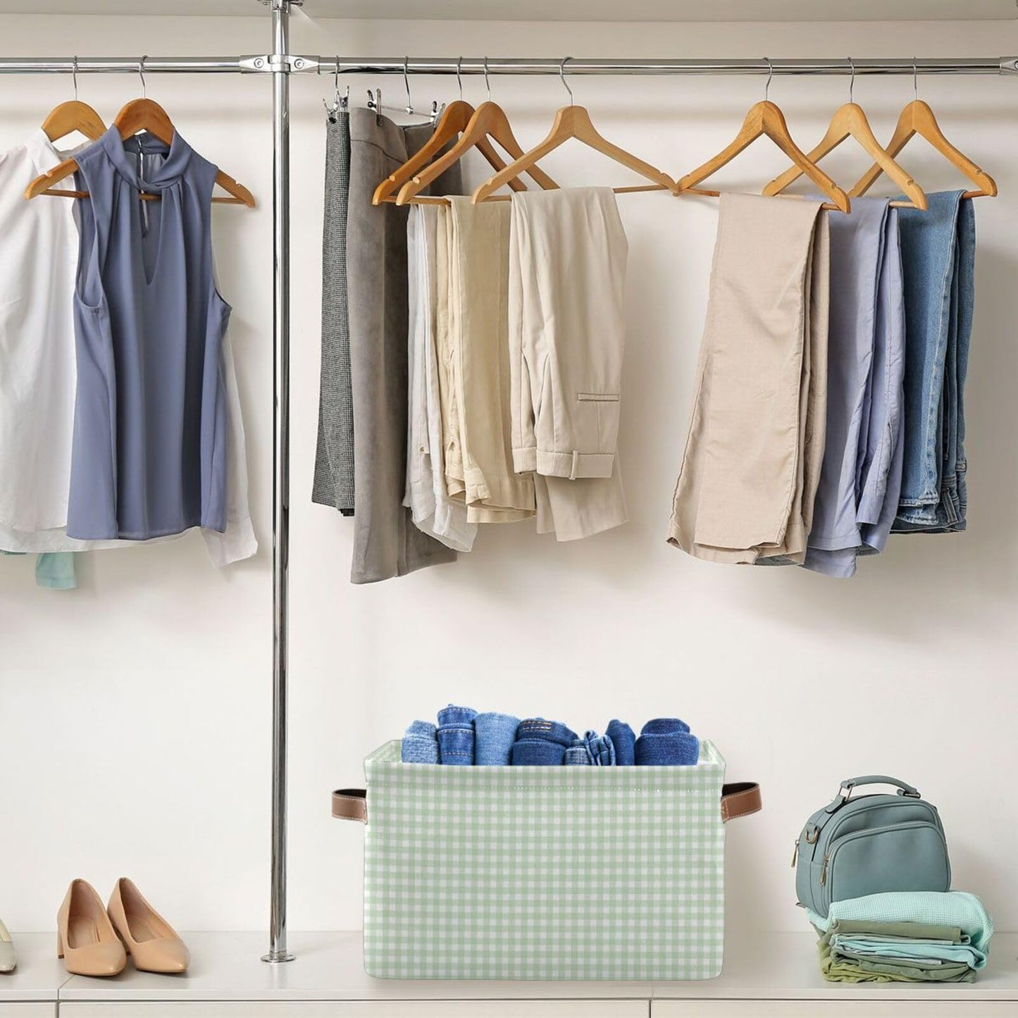 JUZIHAI Green Gingham Checkered Storage Basket, Collapsible Canvas Storage Organizer Bins with Handles for Toys Clothes Closet Shelves Nursery Office, 14.2x10.2x8.3 in