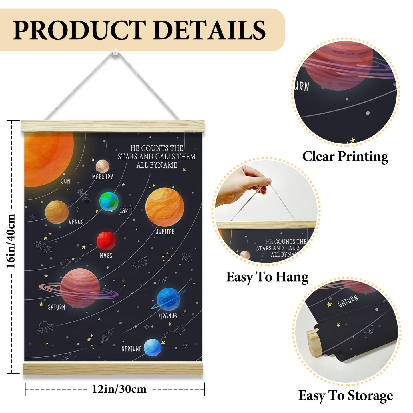 Nopoben Solar System Poster Hanger Frame, Outer Space Canvas Wall Art, Educational Planets Wall Decoration for Kids, Classroom Nursery Kids Room Playroom Preschool Decor(12x16 Inches)-01