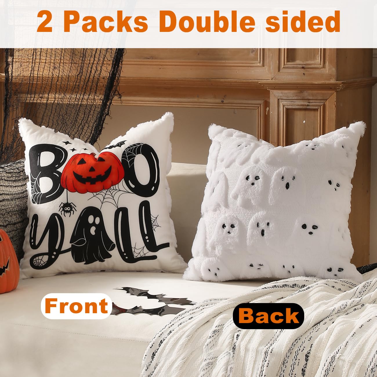 TOYPOPOR Halloween Decorations, 2 Packs Double Sided Ghost Pillow Covers, Soft Faux Fur Throw Pillow Cases, Indoor Outdoor Couch Cushion Case for Fall Autumn Bedroom Living Room Home Decor 18''x18''