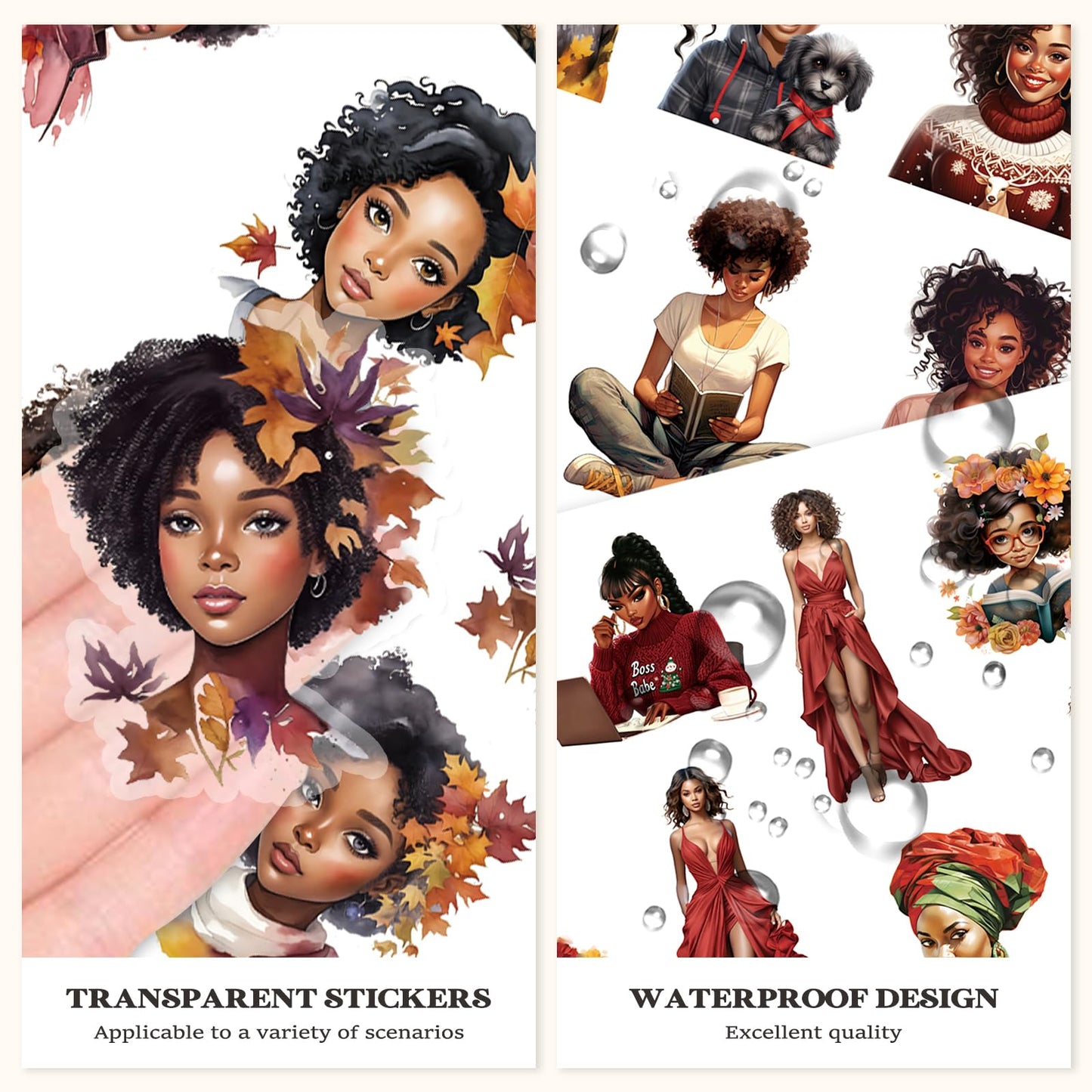 Bomichi Black Girl Sticker Book, 40 Sheets 283 Pcs Journaling Scrapbooking Stickers for Journaling Scrapbooking Bullet Journals Planners Letter Card Making Collage Art Crafts Water Bottle