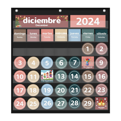 Monthly Calendar Pocket Chart for Classroom, Printed Days of The Week with Cards, Learning for Home or Kindergarten, Teacher Must Have Supplies That Fits Any School Décor (Spanish Black)