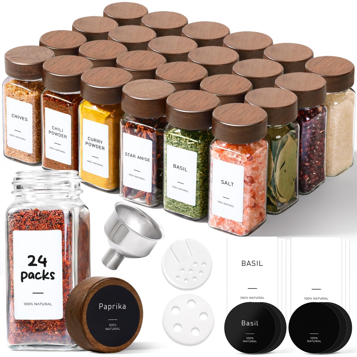 ComSaf 24Pcs (4Oz) Glass Spice Jars with Label, Airtight Seasoning Containers with Lid for Home Cooks to Organizing Herbs, Sugar, Pepper, Salt, Glass Spice Bottles Organize Cabinet & Drawer