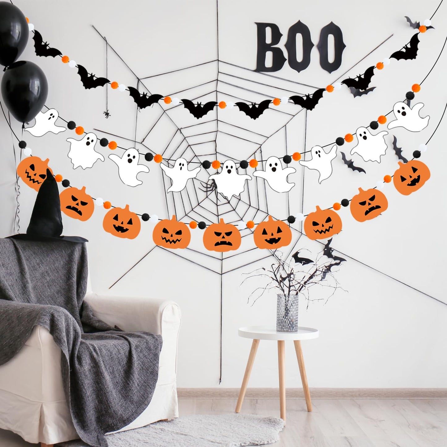 Doumeny 3Pcs Halloween Felt Garland Ghost Bat Felt Bunting Banner Pumpkin Pompom Ball Bunting Flag Black Orange White Ball Garland Halloween Hanging Banner for Party Fireplace Home Wall Decor