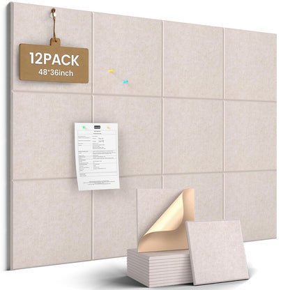 JBER Large Felt Bulletin Board 48"x36" - 12 Pack Felt Wall Tiles, Cork Board Alternative to Use in Office & Home Decor, Classroom Decor, Vision Board to Display Your Photos(Light Camel)
