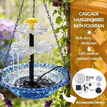 Solar Fountain for Bird Bath，Solar Cascade Hanging Bird Bath Fountain，Large Humming Birds Baths Fountains, with Solars Pump & Glass Bowl, for Outdoor, Gardens (Gray)