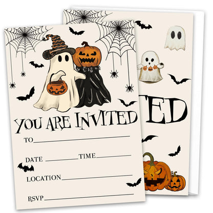 JarThenaAMCS 25 Sets Halloween Party Invitations with Envelopes Stickers Beige Black Pumpkin Ghost Bat Invites for Halloween Celebration, 5 x 7 Inch