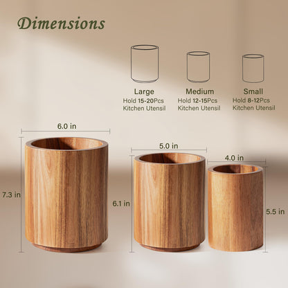 Criusia Utensil Holder 3 Pack, 360° Rotating Acacia Wood Cooking Utensil Crocks for Kitchen Counter, Farmhouse & Modern Decor, (1 Large, 1Medium, 1 Small)