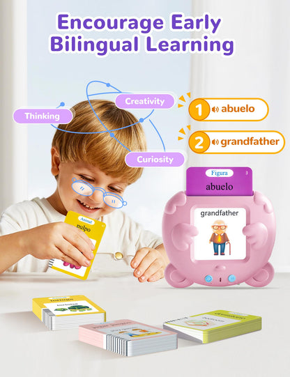 Spanish & English Talking Flash Cards for Toddlers, 510 Sight Words Bilingual Pink Educational Toys for Girls, Autism Sensory Speech Therapy Toys, Española Pocket Vocabulary Learning for Kids