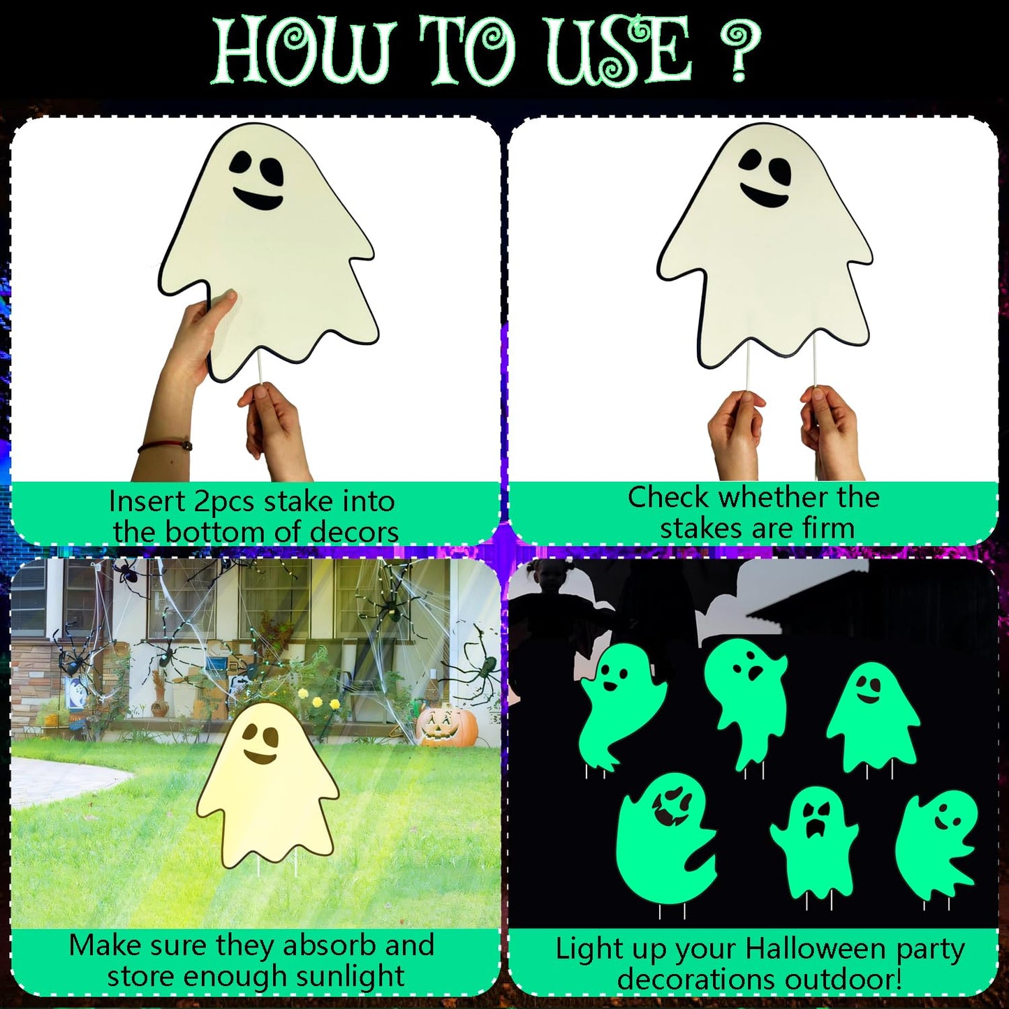 6Pcs Halloween Ghost Yard Stakes Glow in The Dark, 17"x12" Large Light Up Scary Ghost Decorations for Outdoor Lawn, Porch, Cemetery and Indoor Haunted House Displays, Waterproof and Easy Setup