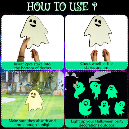 6Pcs Halloween Ghost Yard Stakes Glow in The Dark, 17"x12" Large Light Up Scary Ghost Decorations for Outdoor Lawn, Porch, Cemetery and Indoor Haunted House Displays, Waterproof and Easy Setup