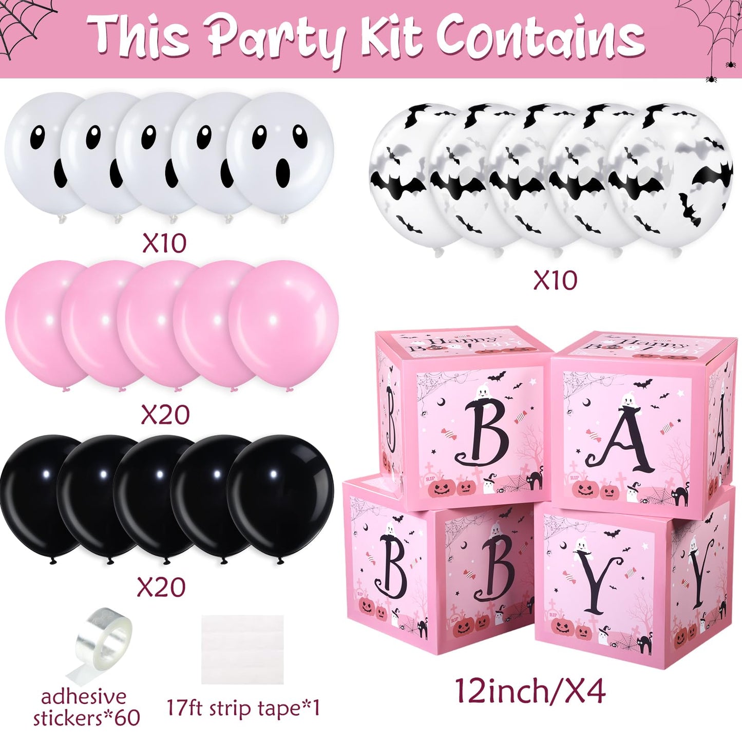 Hiboom 74 Pcs Halloween Balloon Boxes Baby Shower Decorations Pink and Black Halloween Baby Blocks Latex Balloons Garland Arch Kit for Baby Girls Happy Boo Day Birthday Party Supplies Photography Prop
