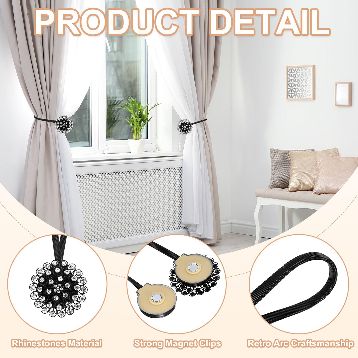 PATIKIL Magnetic Curtain Tie Backs, 2 Pack Sparkling Crystal Flower Curtain Tiebacks Drapery Holdbacks Buckle for Home Office Cafe Balcony, Black