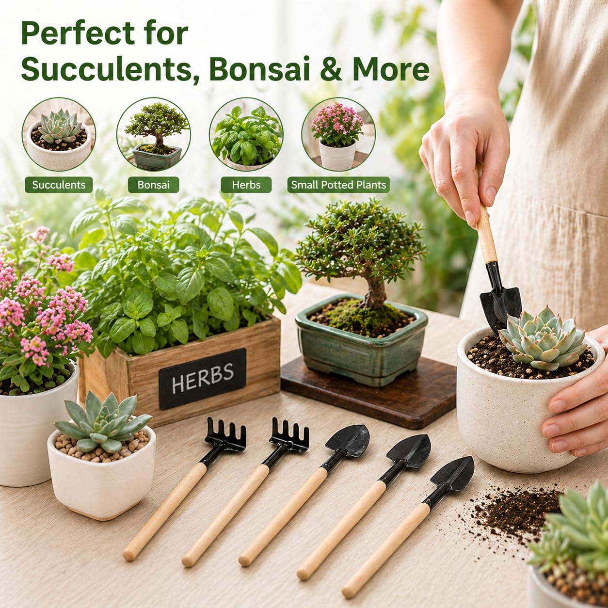Garneck 8 Sets Mini Gardening Tools with Metal Rake Trowel and Shovel - Succulent Potting Planting Kit for Indoor - Small Gardening Tools for Cultivating Weeding Transplanting