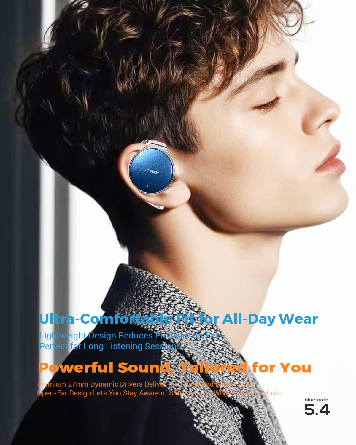 Micool Open Ear Headphones Bluetooth 5.4, Sport On Ear Headphones Wireless, Water-Drop Shaped Noise Cancelling Clip On Headset Bluetooth with Long Battery Life, Comfort Fit 4 Microphones Earphones