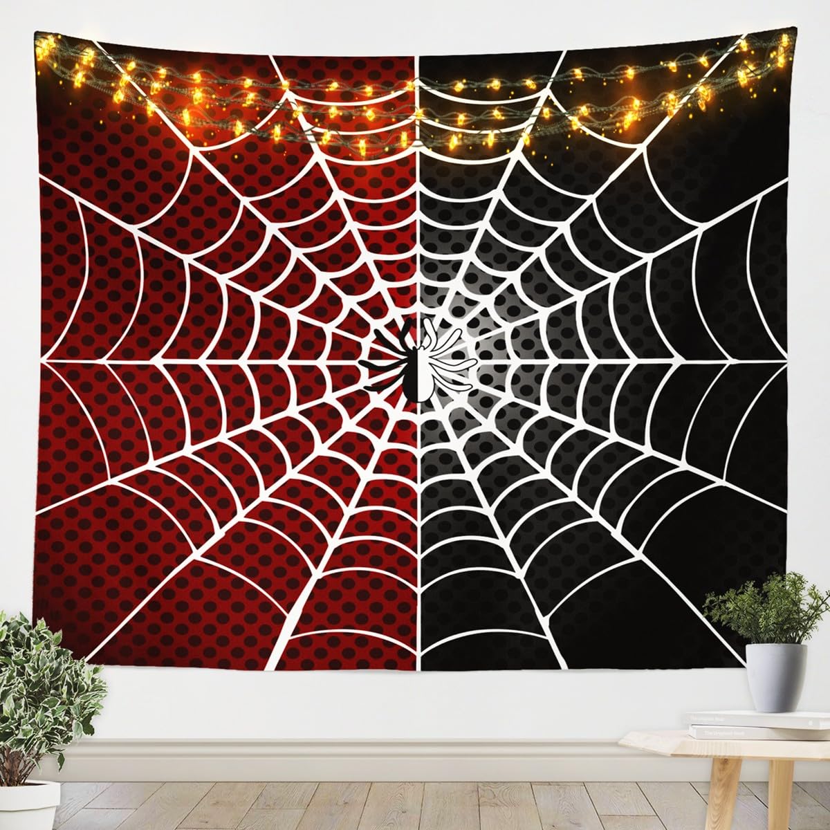 Manfei Spider Kids Tapestry White Spider Web Black Dots Wall Hanging for Boys Teens Adults Room Decor, Red and Black Wall Blanket Tapestries, Medium 59.1 x 59.1 Inches