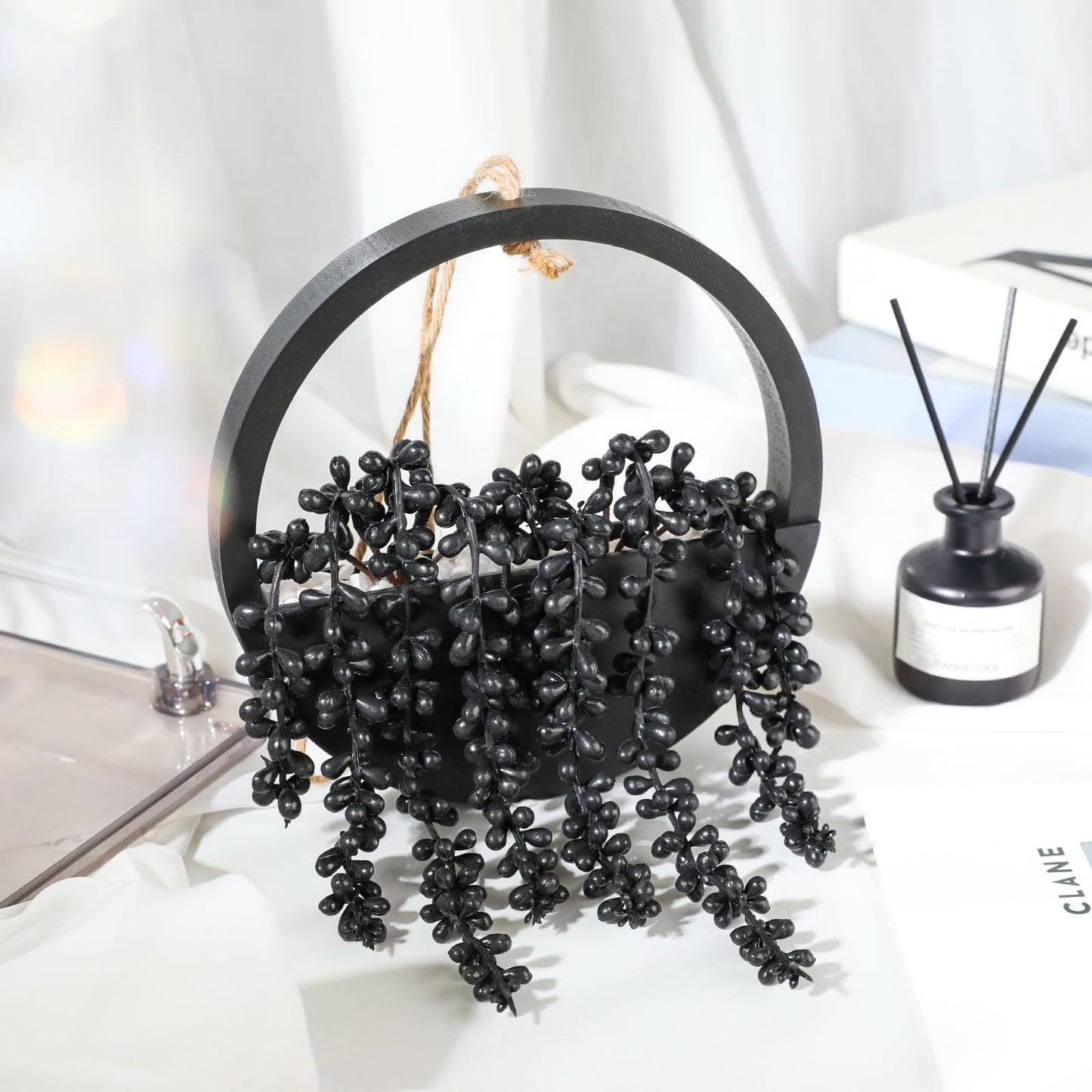 Hobyhoon Artificial Hanging Plants Hanging Planter Fake Succulents Artificial String of Pearls with Pot and Lanyard for Home Office Wall Decoration