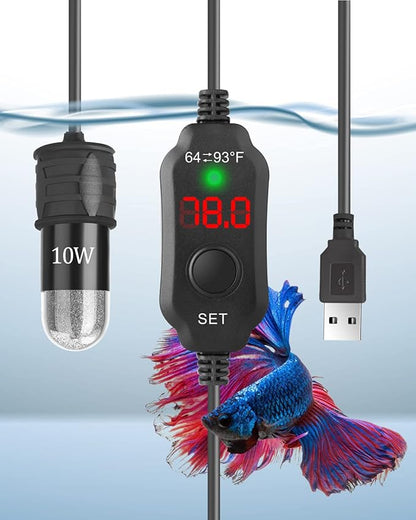 AquaMiracle Mini Aquarium Heater 5V/2A USB 10W Small Fish Tank Heater for Tanks up to 1 Gal, Digital Display Thermostat Betta Heater with Dry-Run & Overheat Protection, Memory Function