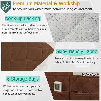 Remote Control Holder for Recliner Non-Slip Armchair Caddy Couch Armrest Organizer, Arm Chair Bedside Caddy Storage Organizer for Recliner Couch With 6 Pockets for Magazine, Phone, iPad (Brown)