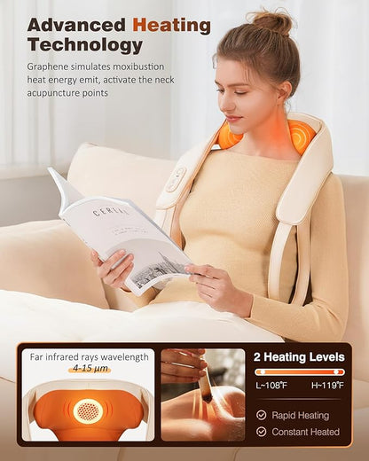 Neck and Shoulder Massager with Heat, Cordless Back and Neck Massager, Upgraded Graphene Heating, 4D Shiatsu Deep Kneading Massage for Shoulder, Back Pain Relief, Gifts for Dad Mom Friend (Beige)