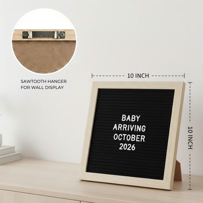 C CRYSTAL LEMON Black Felt Letter Board 10x10in, Baby Announcement Sign & Pregnancy Announcement Board, 336 Pre-Cut Letters, Wooden Frame, Felt Letter Board for Milestone Photos, Wall Mount or Stand