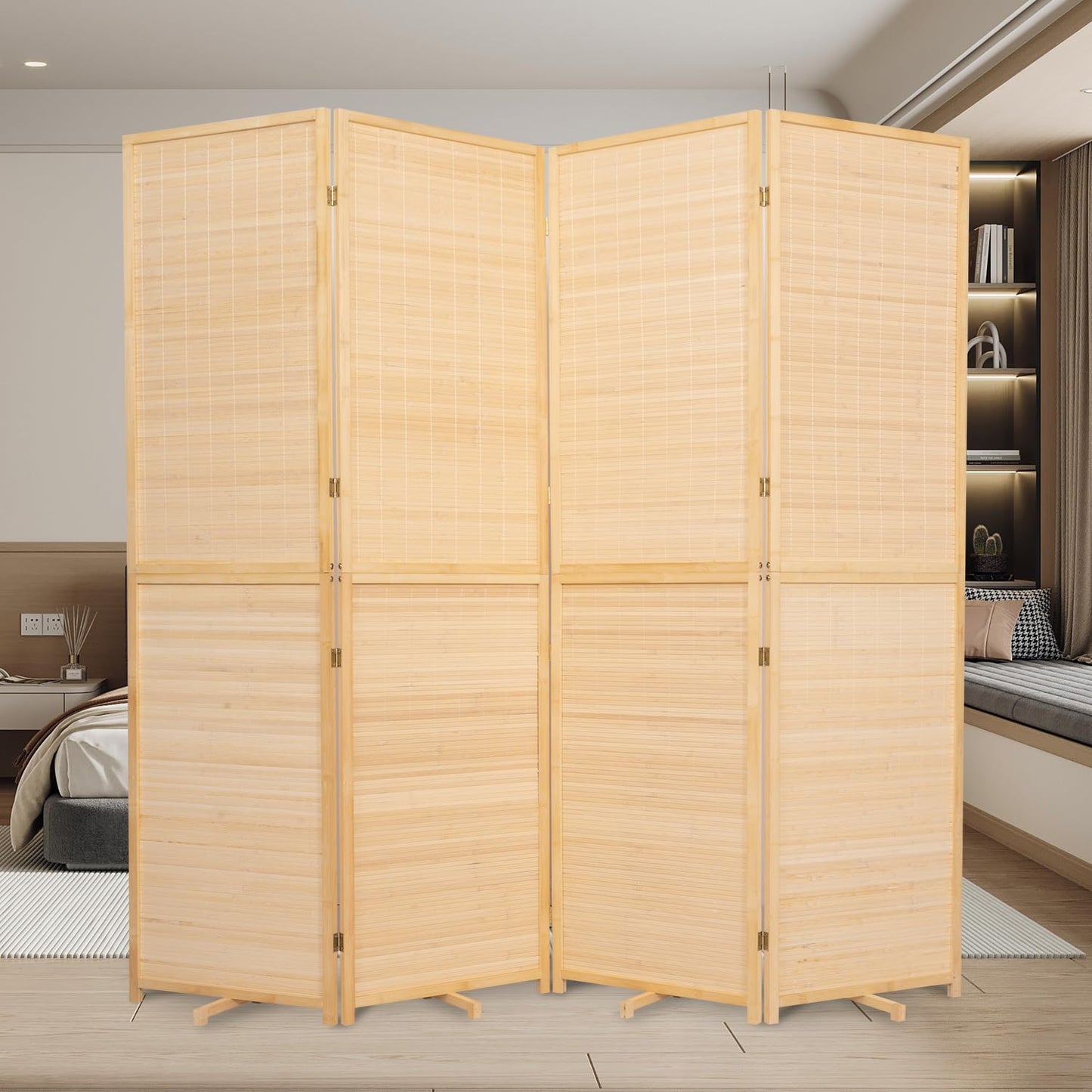 Bamboo Room Divider Folding Privacy Screens, Wall Divider for Room Separation, Portable Room Partitions and Dividers, 5.6FT Bamboo Room Divider Panel (Beige, 4 Panel-67”)