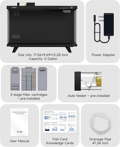 M1 5 Gallon Aquarium Starter Kit, App Control Smart Fish Tank with Filter, Auto Feeder, Quiet Pump, Timer Light, Temp Display, Crystal-Clear Glass Desktop Betta Tank for Guppy Shrimp, Black