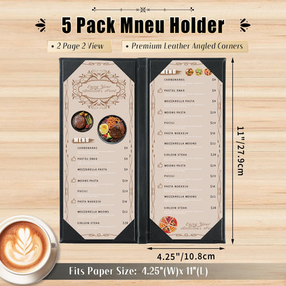 FLKQC Menu Covers 4.25" x 11" – 5 Pack 2 View Black PU Leather Restaurant Menu Holders, Double Panel with Angled Corners for Food Menus, Wine Lists & Drink Specials & Cocktail, Perfect for Parties