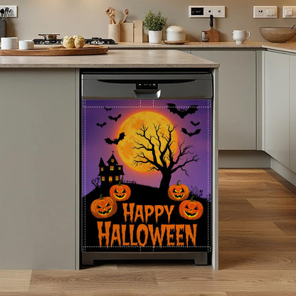 Halloween Pumpkin Bat Dishwasher Magnet Cover,Front Dishwasher Cover Decoration Reusable Decorative Magnetic Cover for Home Kitcen Appliance 23x26 Inch
