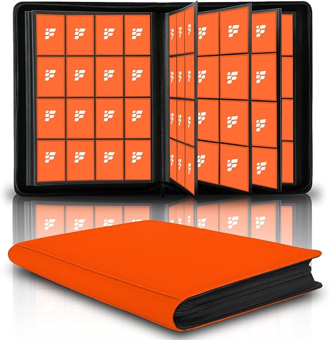 1000+ Pockets Trading Card Binder, 16 Pockets Trading Card Binder Ringless Side Loading Trading Card Album Folder for TCG,MTG,Sports Cards(Orange-1)