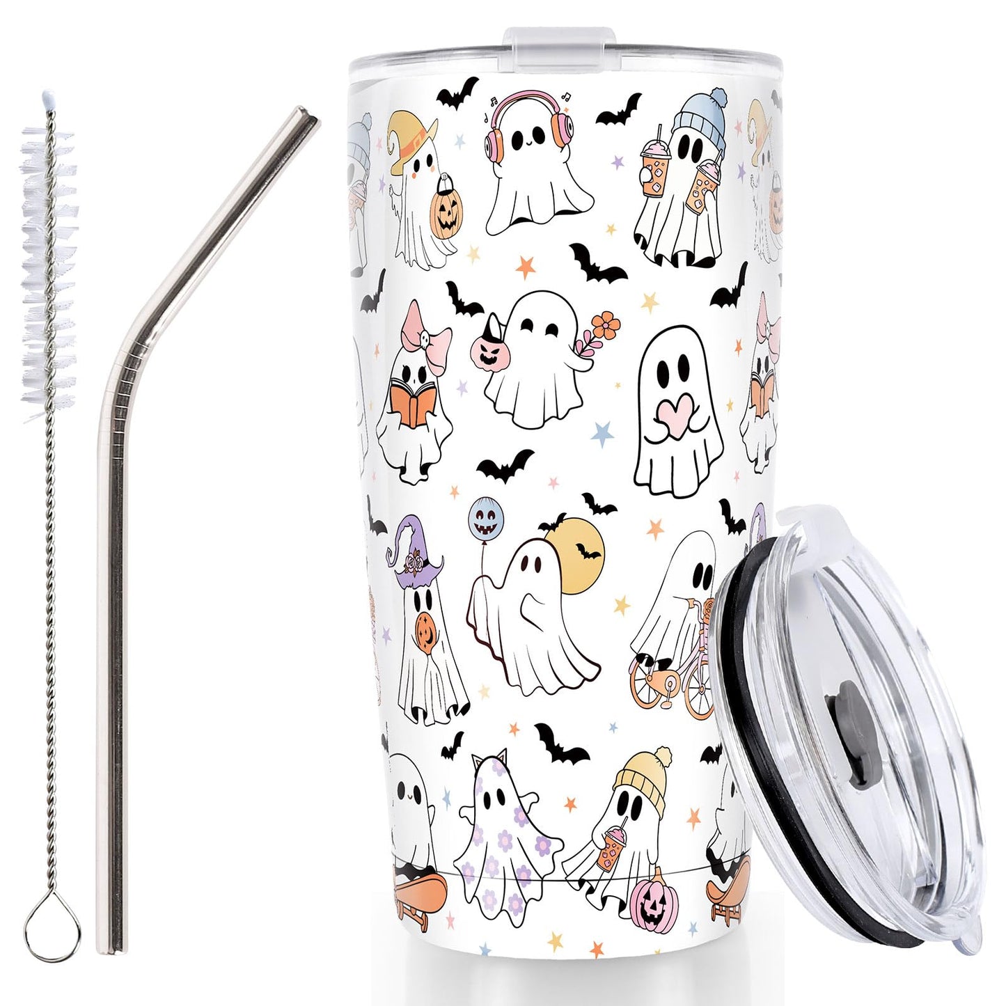 Whaline Halloween Ghost Tumbler 20oz Stainless Steel Travel Tumbler with Lid Straw Brush Cute Ghost Bat Coffee Mug Cup Halloween Boo Spooky Gifts for Women Travel Birthday Horror Gift