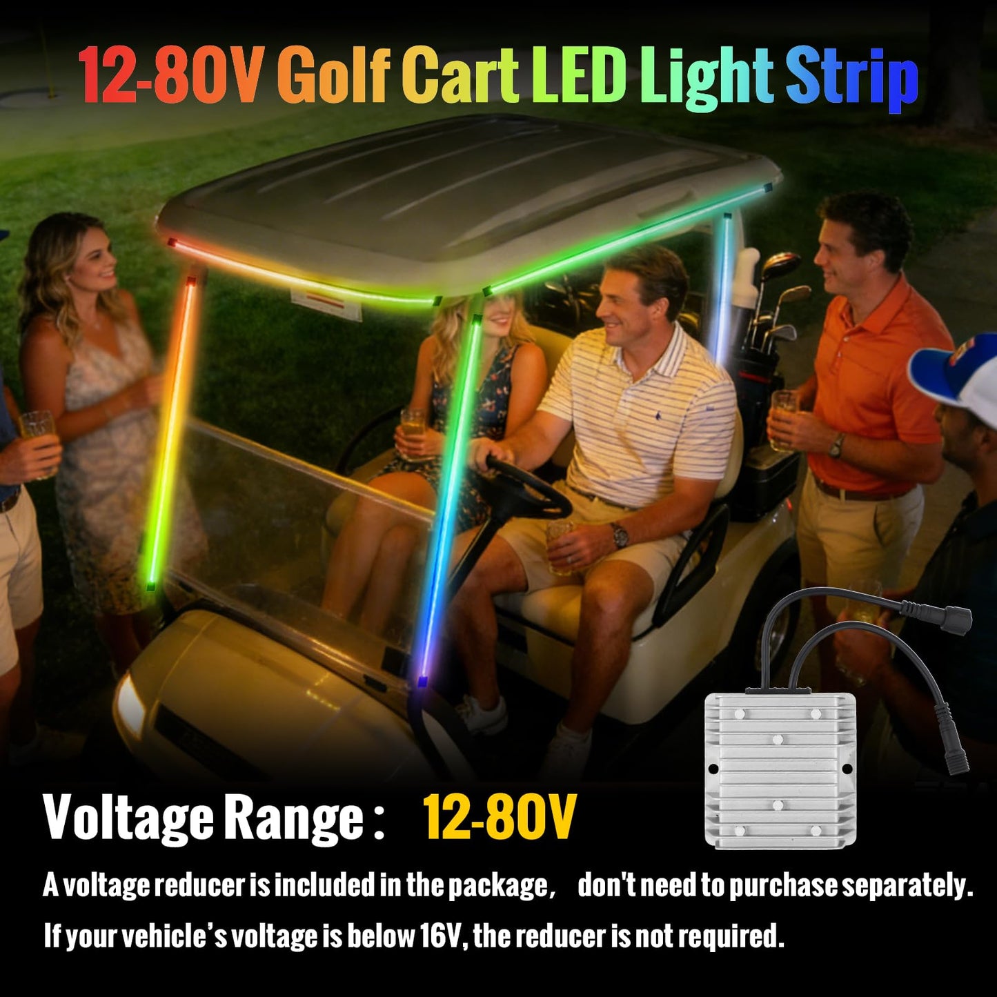 Roykaw 8PCS FCOB Golf Cart Canopy LED Light Strips,ATV/UTV Lights, Dream Color,12-80V, Dimmable & Uniform Lighting Effect, Multi Color/Sync Music/APP Remote Control, IP67 Waterproof