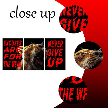 YSPCSUN Triptych Wall Decor Inspirational Posters for Office, Roaring Lion Excuses Quote 3 Panel Canvas Prints for Home Office Dorm Gym Room, 48x24 Inch Display Print Decor