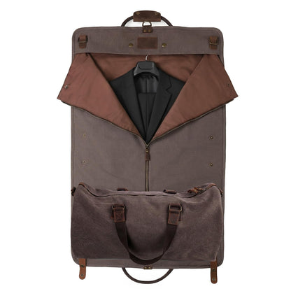 2 in 1 Suit Garment Duffle Convertible Carry-on Bag With Canvas Leather Shoulder Strap for Travel, Business Trips, Storage - Hangding Suit, Clothes, Dresses, Shoes (Gray)