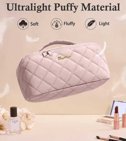 Travel Makeup Bag, 3 Pcs Large Capacity Puffy Toiletry Bag for Women, Open Flat Make up Cosmetic Organizer w/Handle & Clear Divider Water-resistant Portable Pouch Travel Essentials, L-Light Pink
