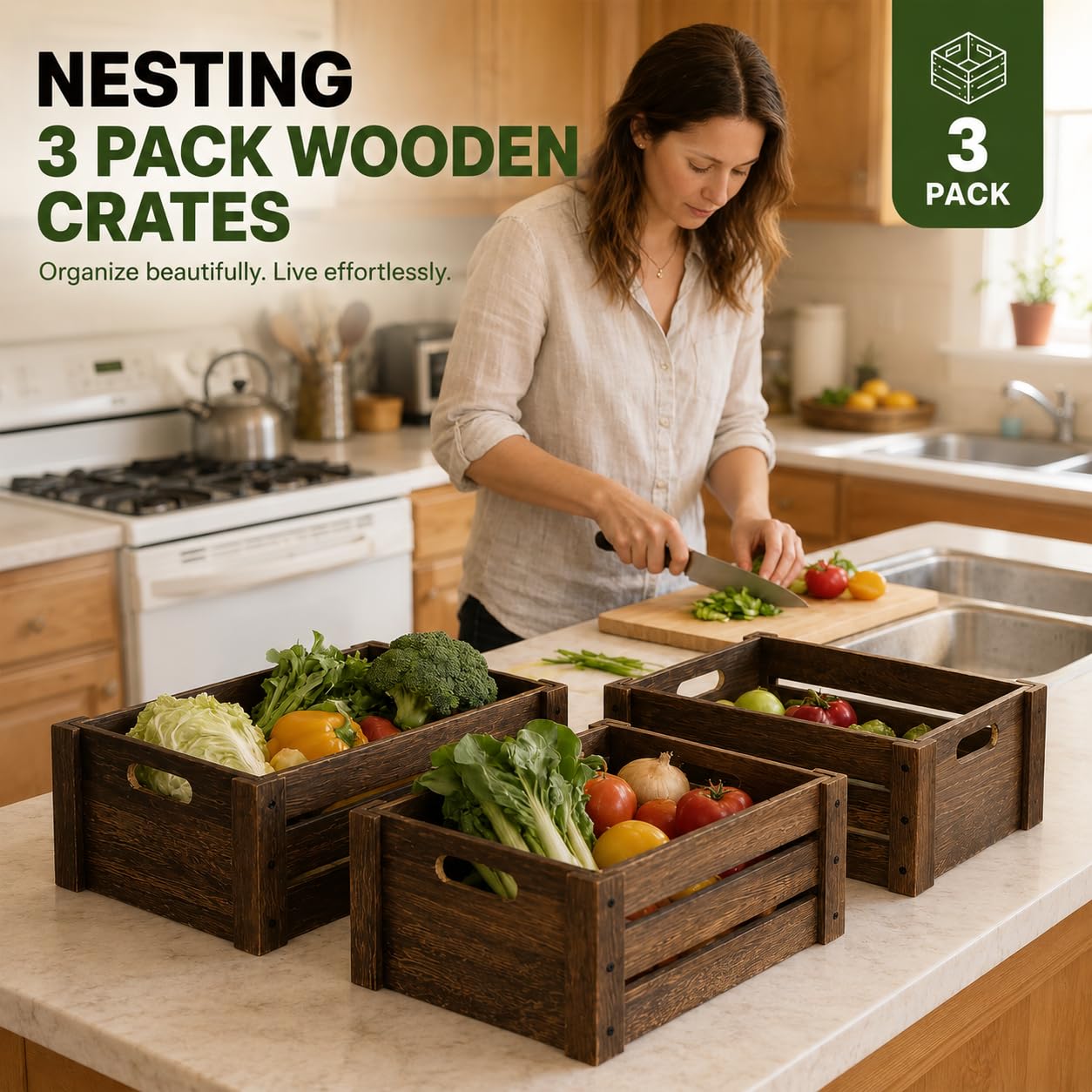 BOY MCOWBOY Wooden Crates for Display, 3 Pack Large Rustic Handmade Wood Crate for Storage, Wooden Basket with Handles, Nesting Crates Boxes for Container and Decor Living Room Outdoor Christmas